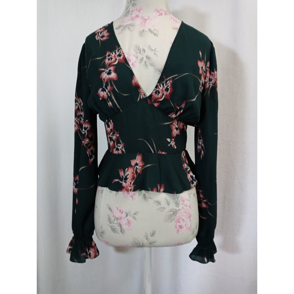 Louna Dark Green Long Sleeve Floral Blouse Smocked Back V-Neck Fluted Hem Size S